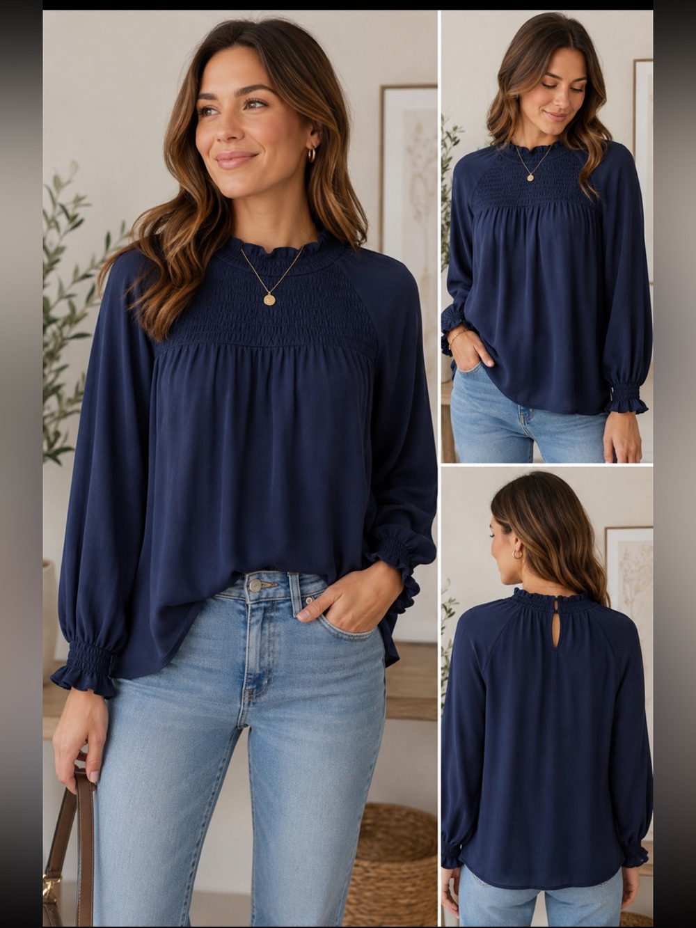 Nanette Lepore Navy Blue Long Sleeve Smocked Blouse Size Medium Boho Peasant Top